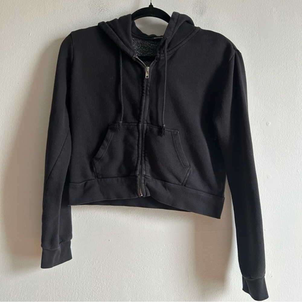 Brandy Melville Sz S Black Cropped Relaxed Hooded Full Zip Sweater